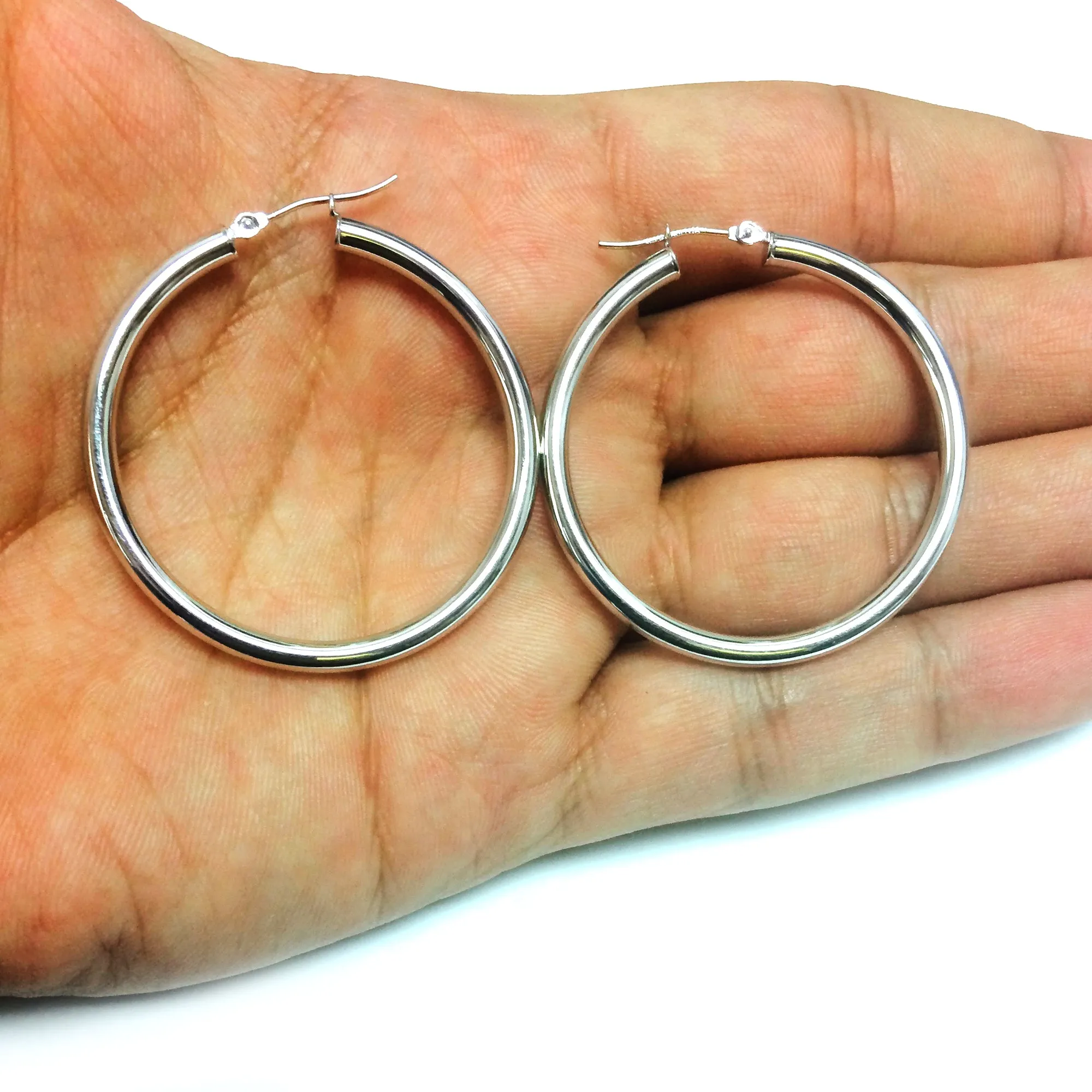 14K White Gold 3MM Shiny Round Tube Hoop Earrings