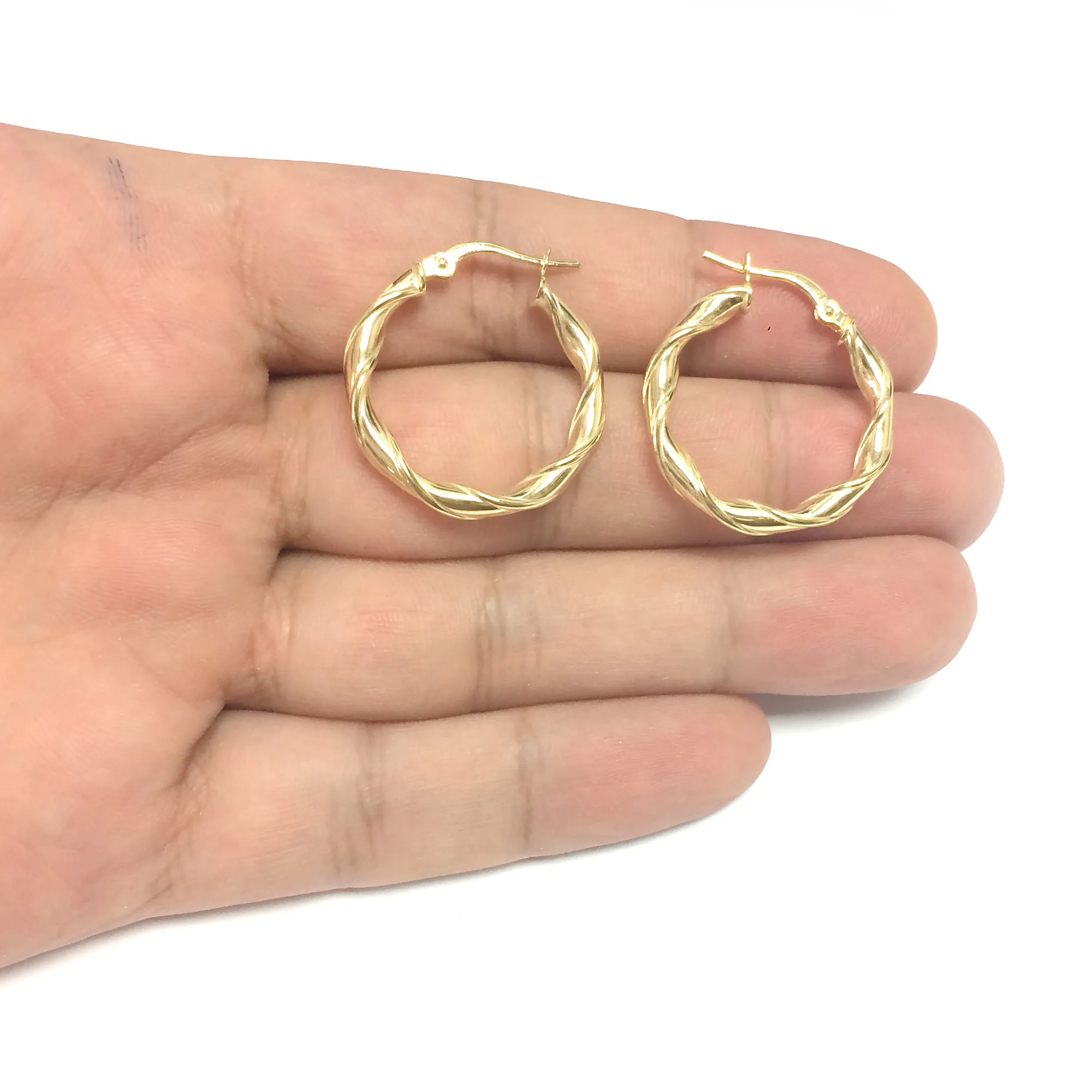 14K Yellow Gold Round Type Twisted Hoop Earrings, Diameter 24mm