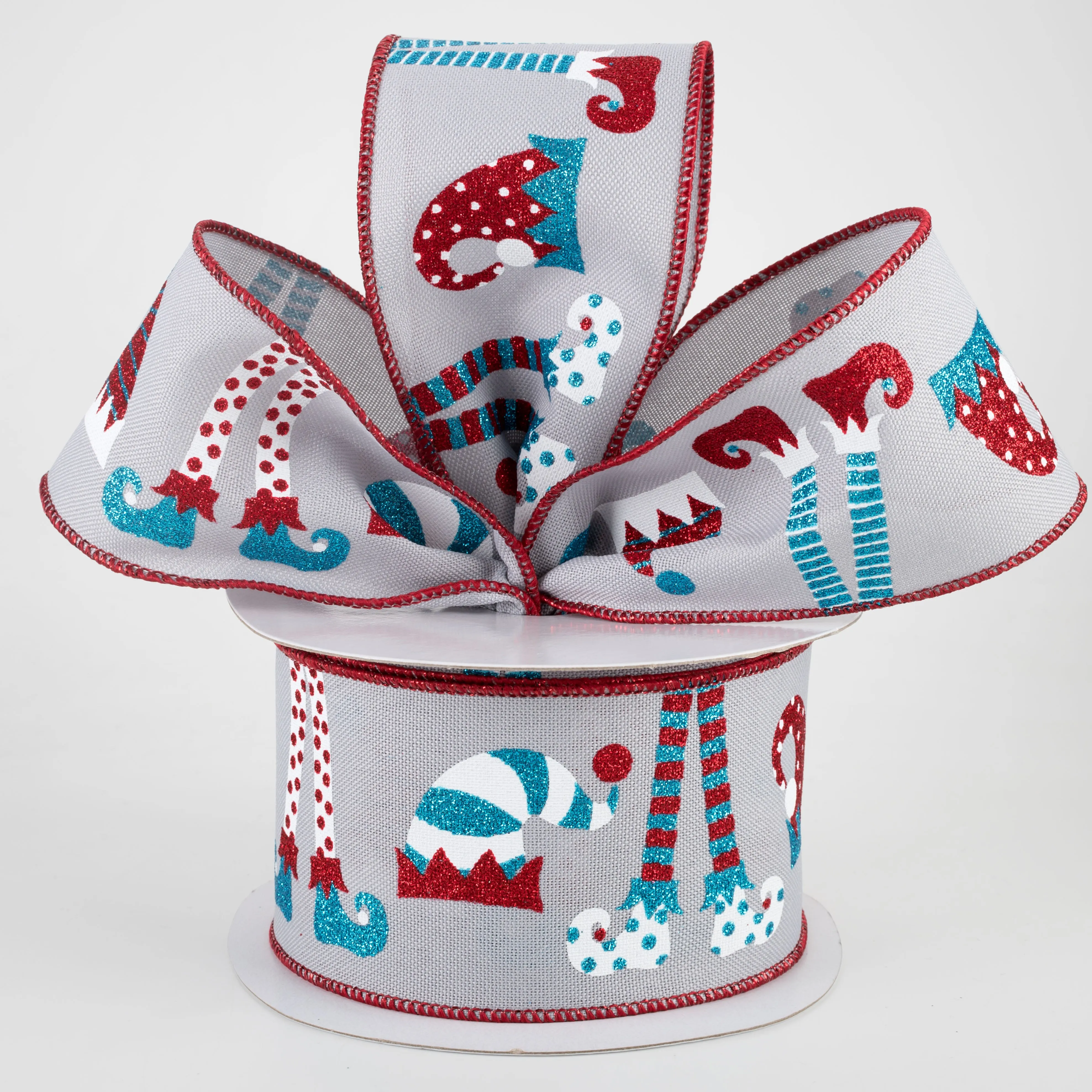 2.5" Elf Hats & Legs Ribbon: Grey, Red, Turquoise (10 Yards)