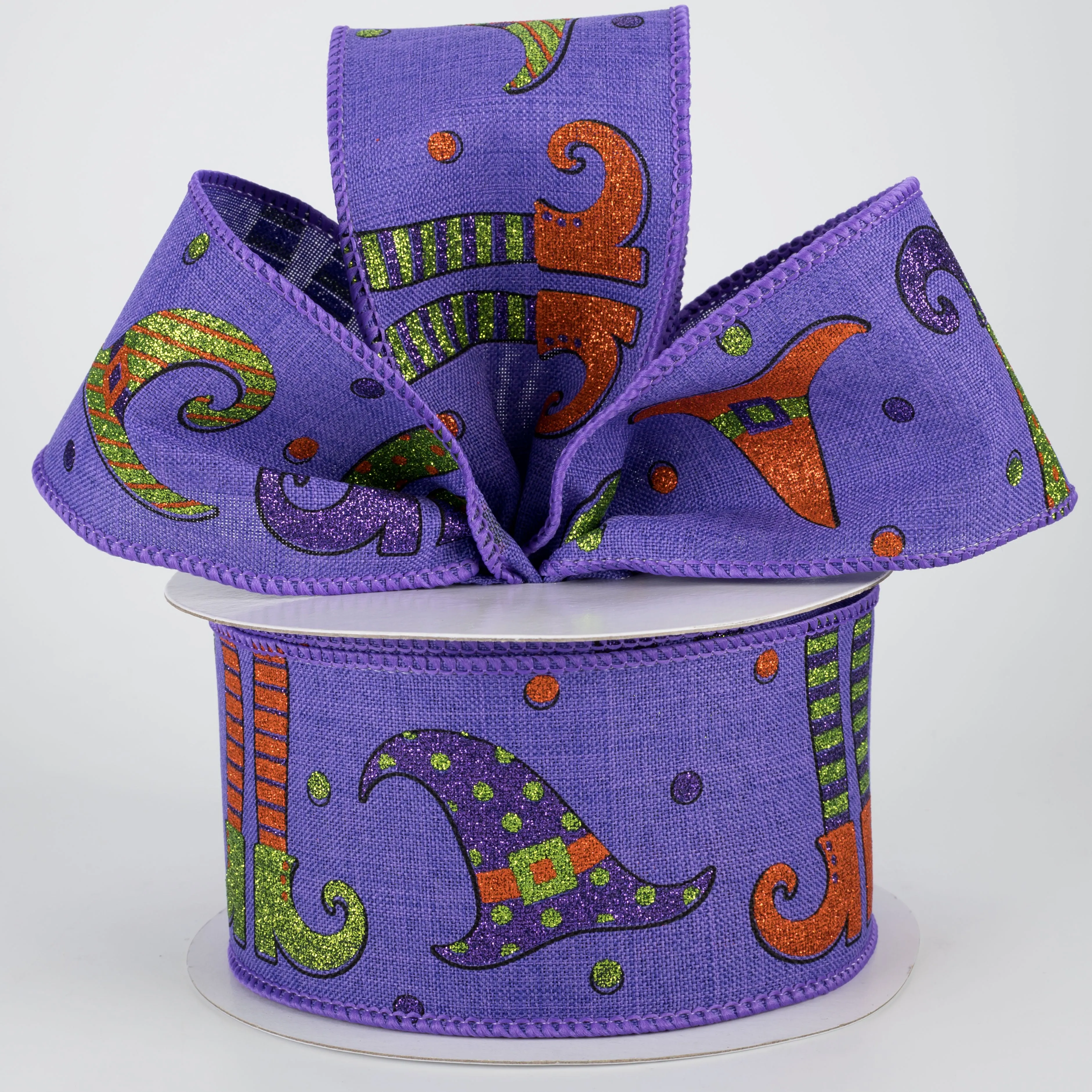 2.5" Glittered Witch Hats & Legs Ribbon: Purple (10 Yards)