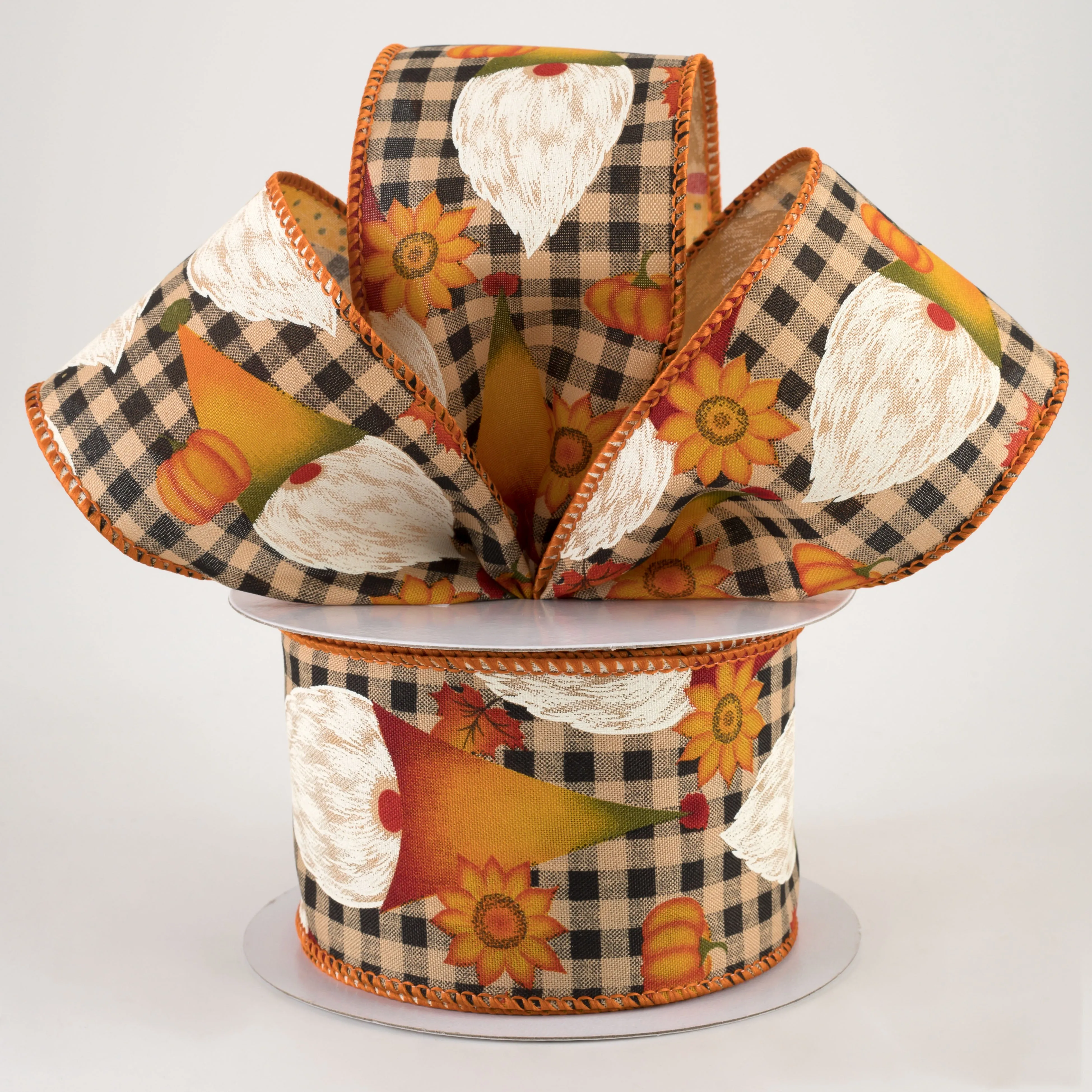 2.5" Gnome & Pumpkins On Check Ribbon: Tan & Orange (10 Yards)