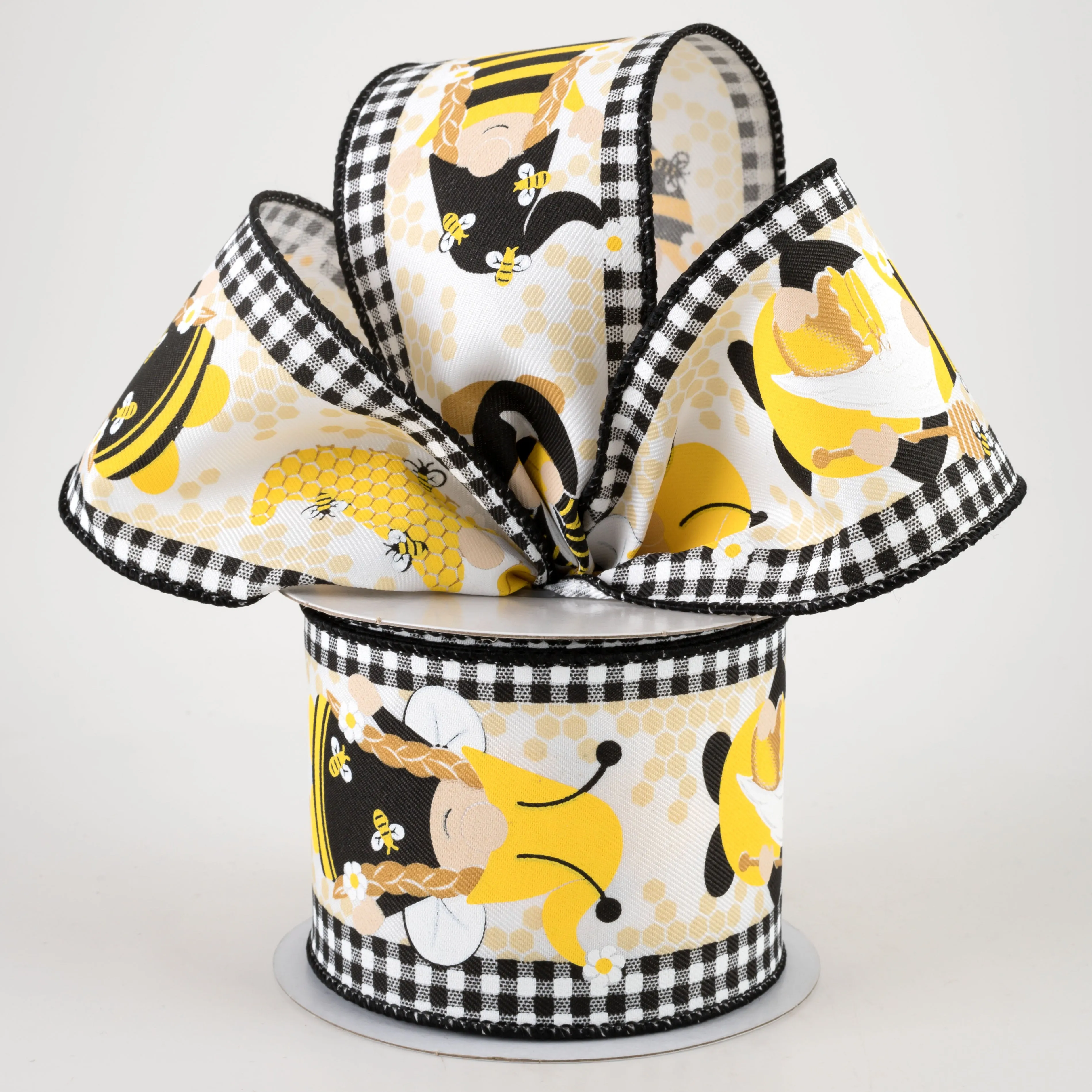 2.5" Gnome with Bees on Gingham Ribbon: Black & White (10 Yards)