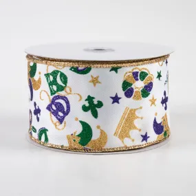 2.5" Mardi Gras Pattern Ribbon: White (10 Yards)