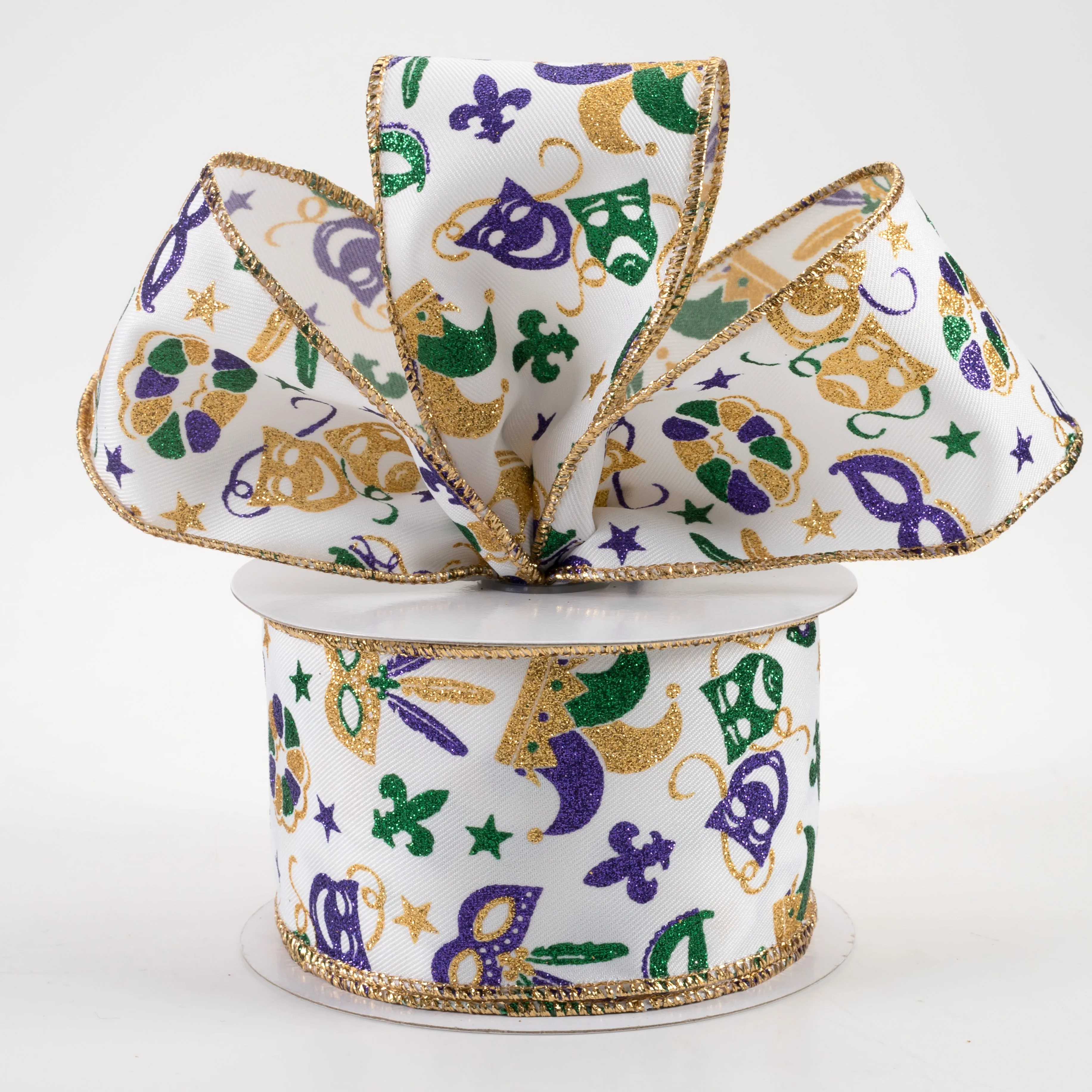 2.5" Mardi Gras Pattern Ribbon: White (10 Yards)