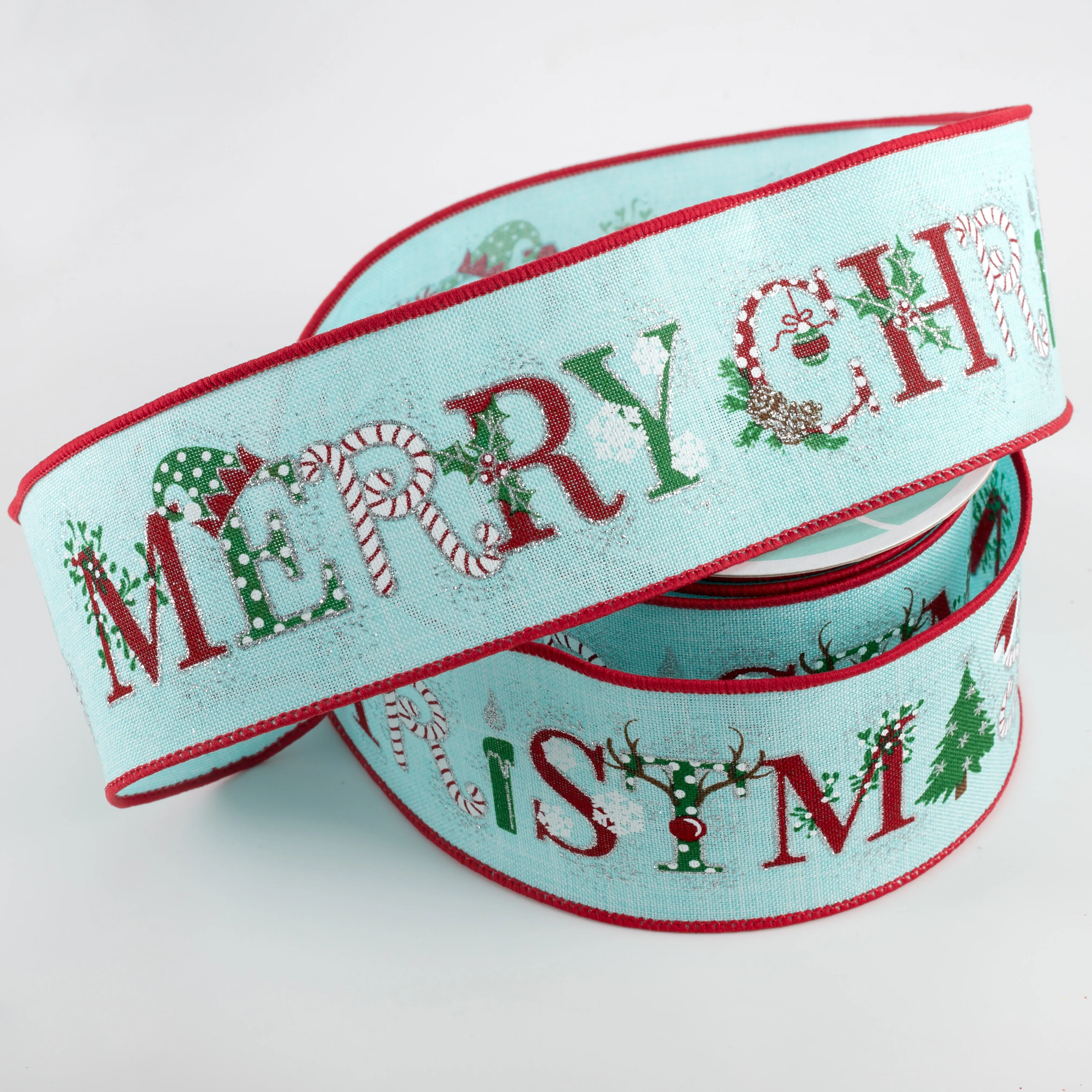 2.5" Merry Christmas Object Letters Ribbon: Ice Blue (10 Yards)