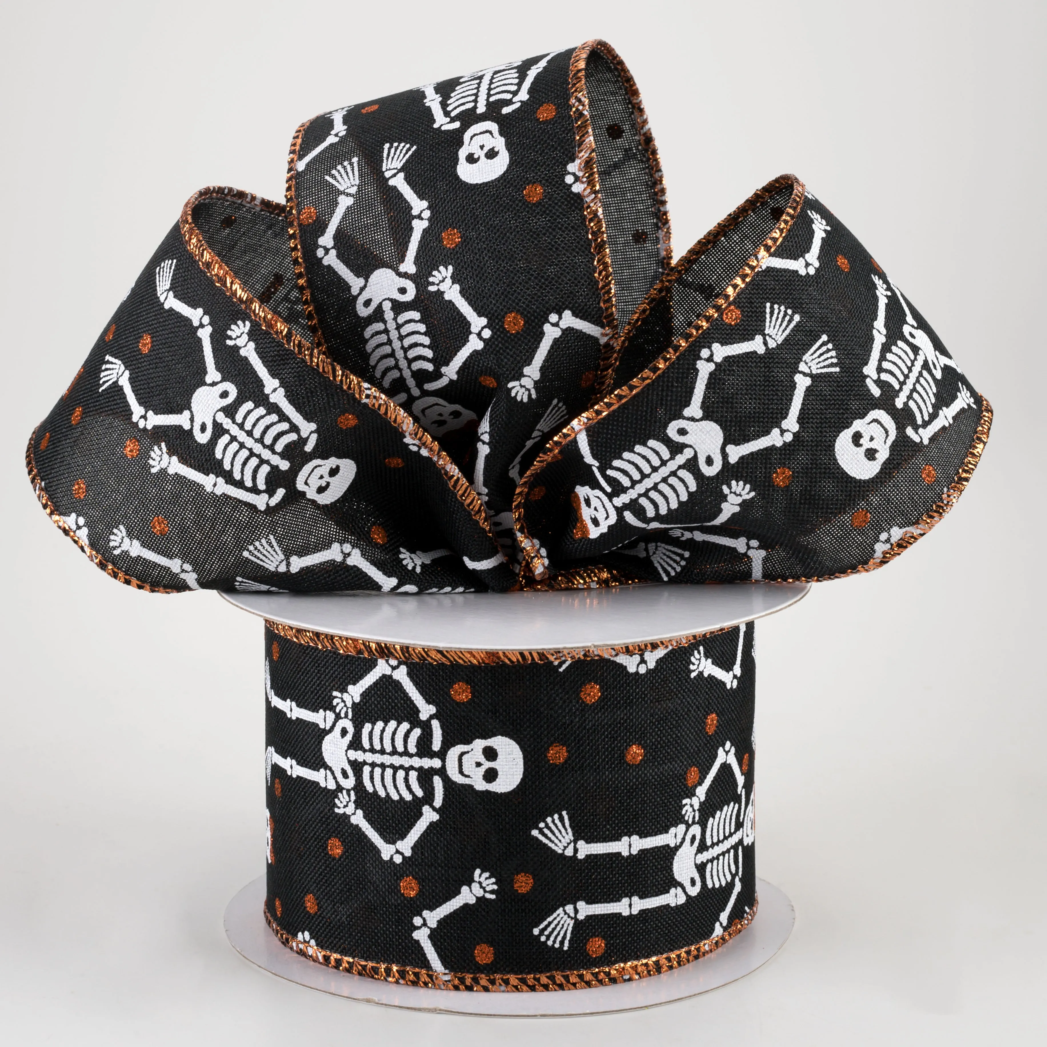 2.5" Orange Glitter Skeletons Ribbon: Black (10 Yards)