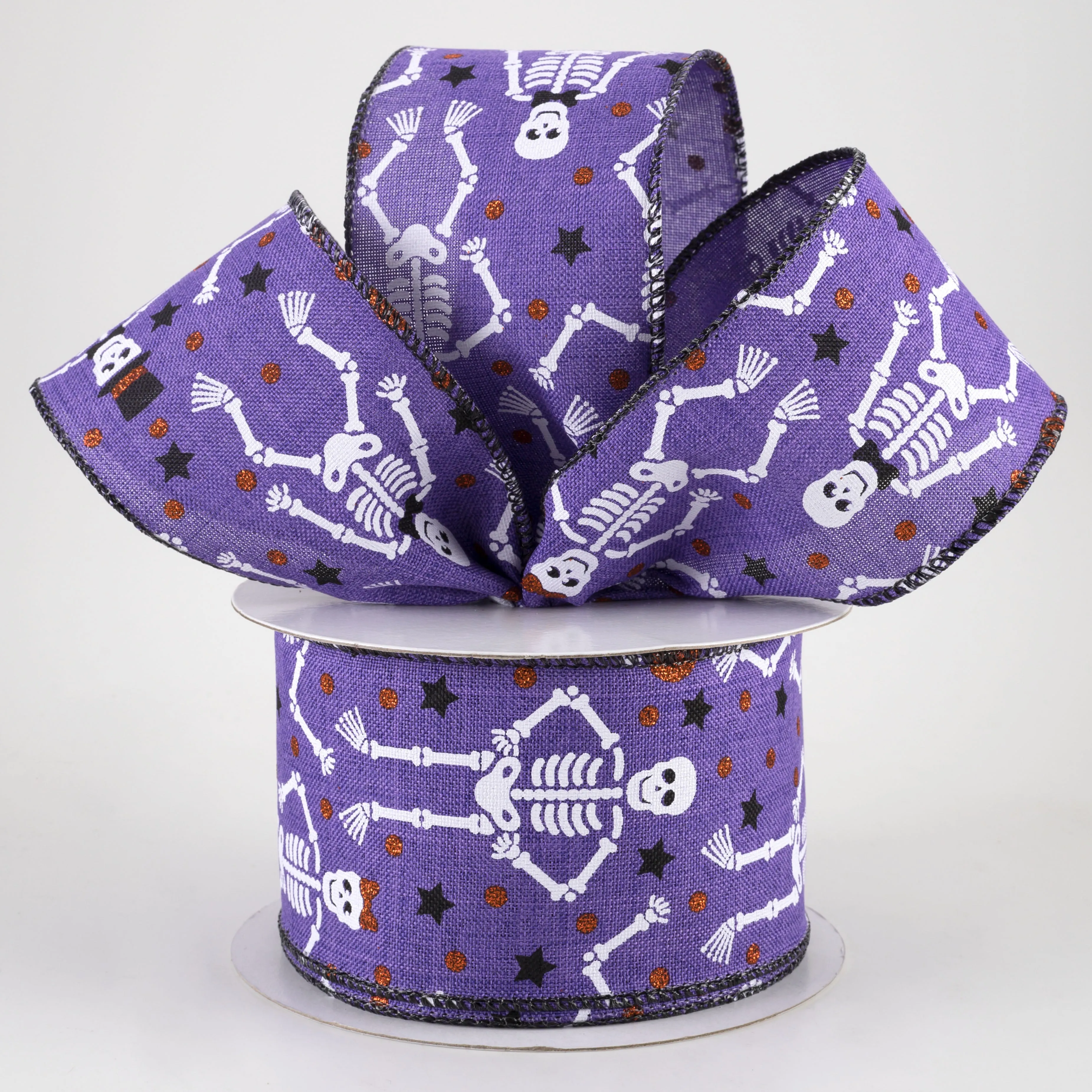 2.5" Orange Glitter Skeletons Ribbon: Purple (10 Yards)