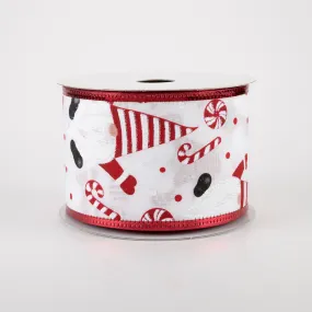 2.5" White Satin Red & Black Gnome Candy Cane Ribbon (10 Yards)