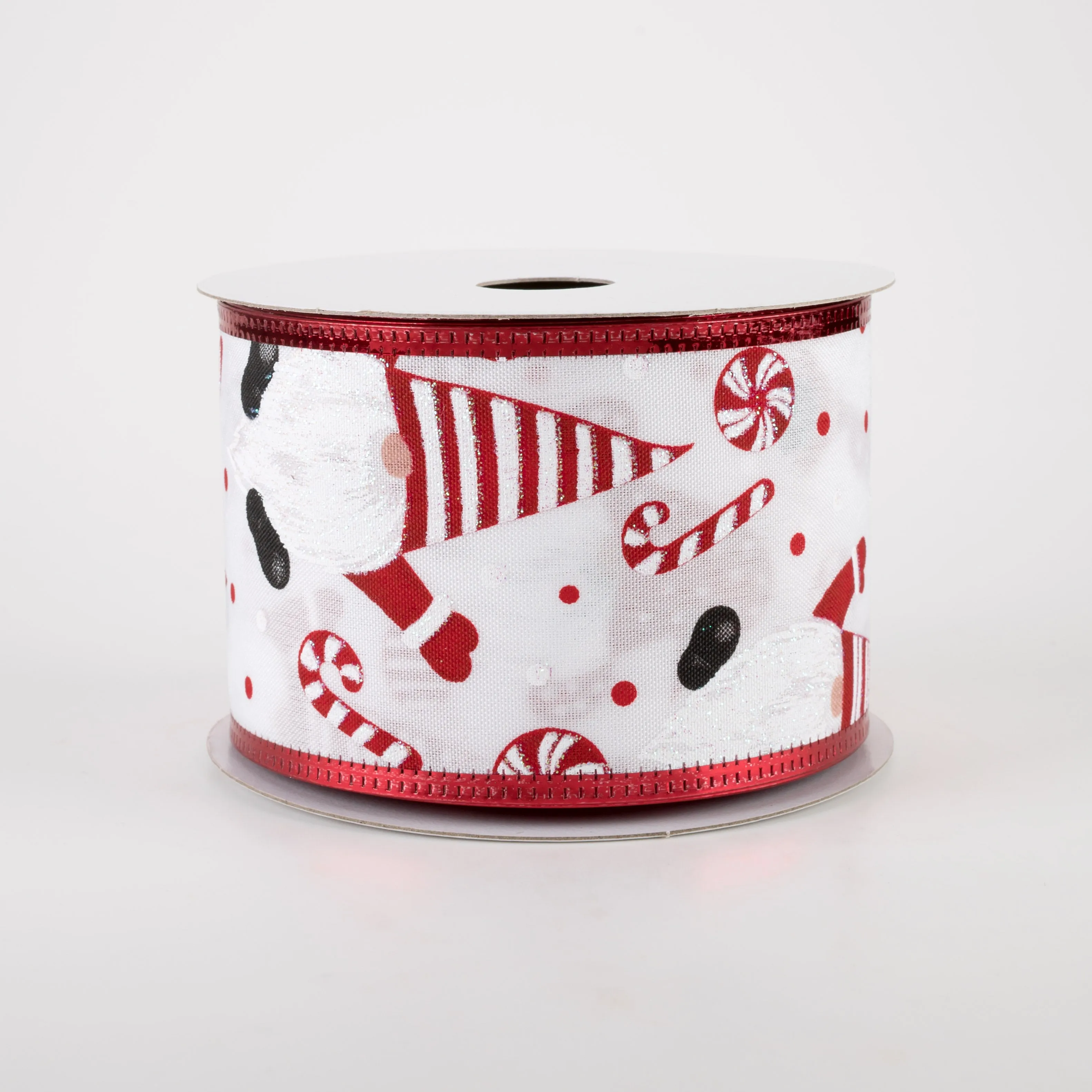 2.5" White Satin Red & Black Gnome Candy Cane Ribbon (10 Yards)