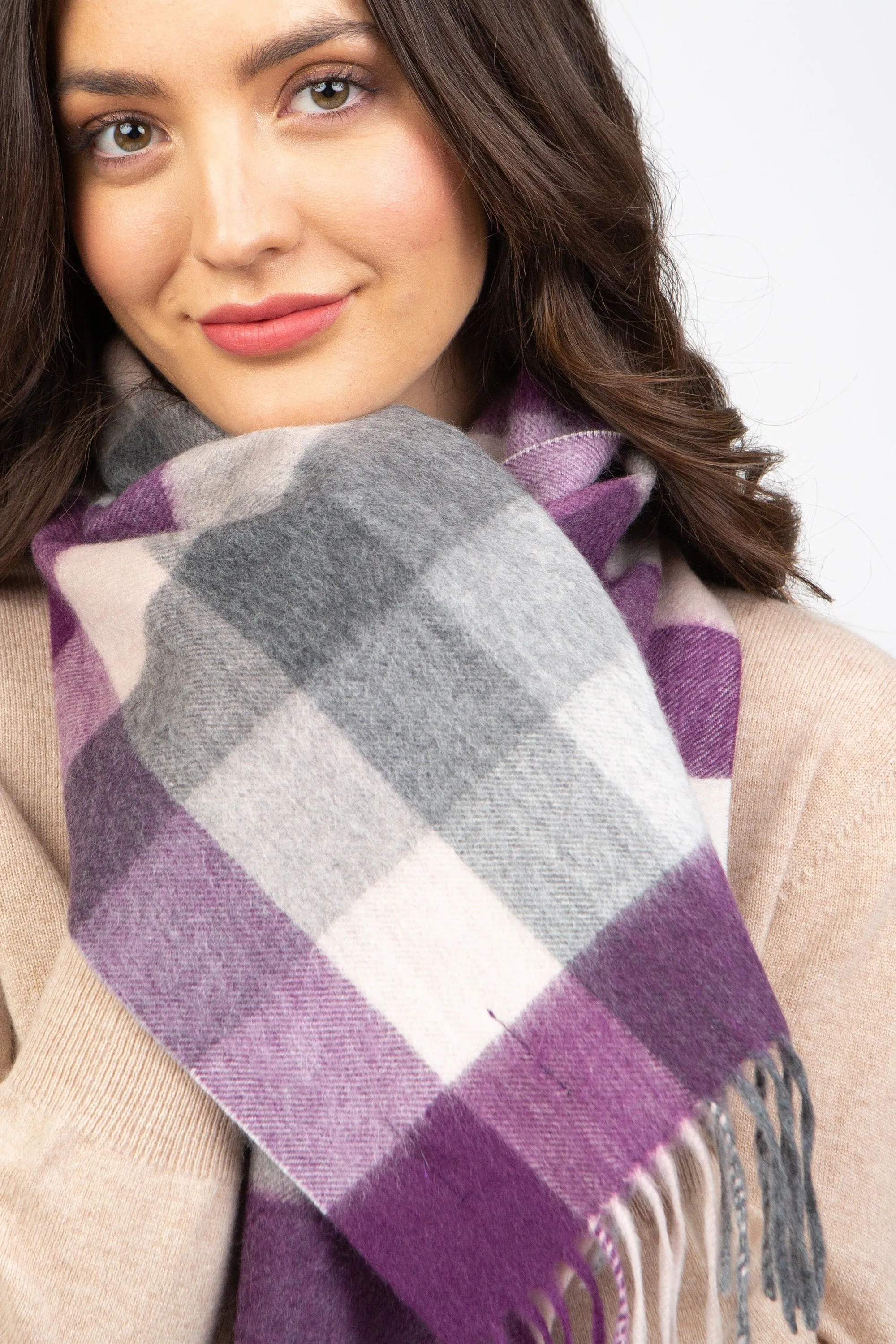 5 Square Check Cashmere Scarf - Purple Grey