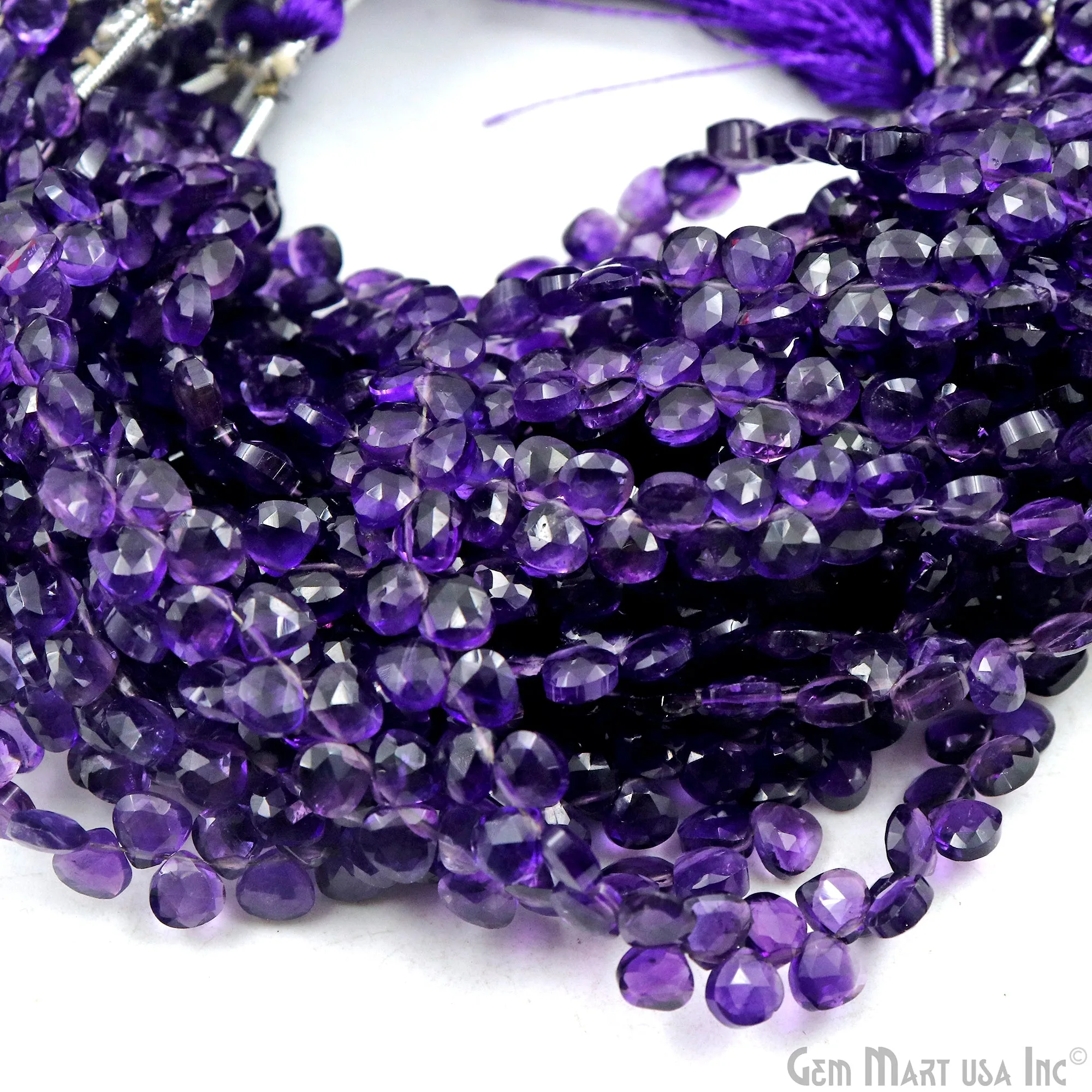 Amethyst Heart Beads, 8 Inch Gemstone Strands, Drilled Strung Briolette Beads, Heart Shape, 5mm