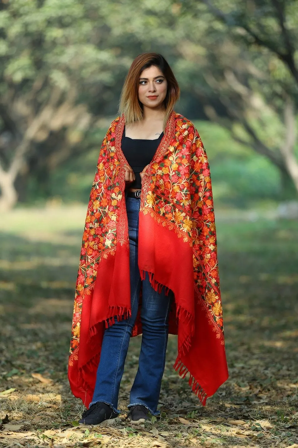 BEAUTIFUL MULTICOLOURED FLORAL ON HOT RED COLOUR SHAWL DEFINES FEMINISM AND ADDS GLAMOUR