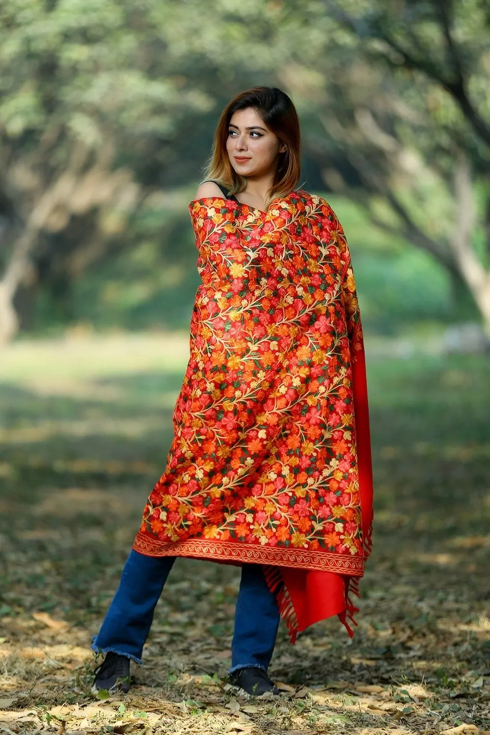 BEAUTIFUL MULTICOLOURED FLORAL ON HOT RED COLOUR SHAWL DEFINES FEMINISM AND ADDS GLAMOUR