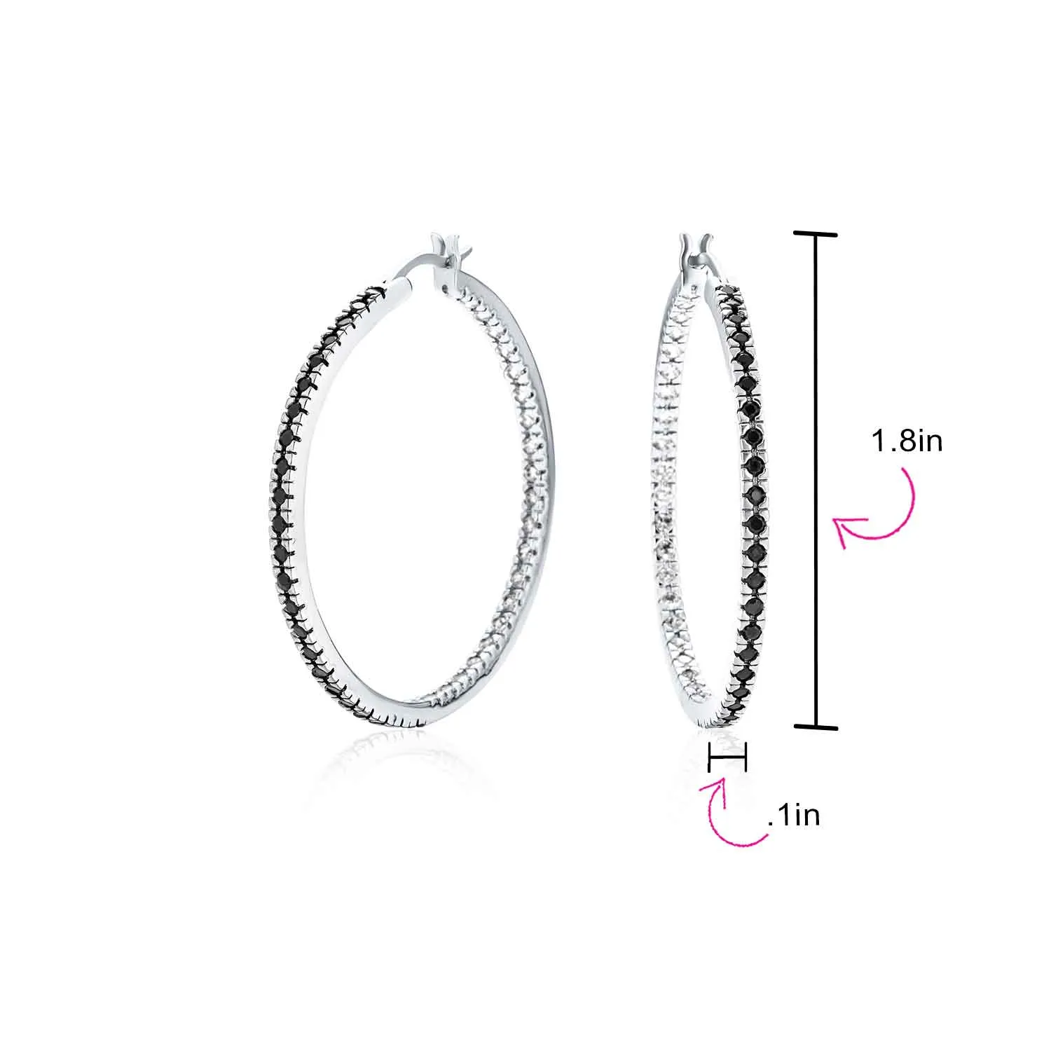 Bridal Pink White Black CZ Hoop Earrings Pave Thin Inside Out 1.75 Inch Silver