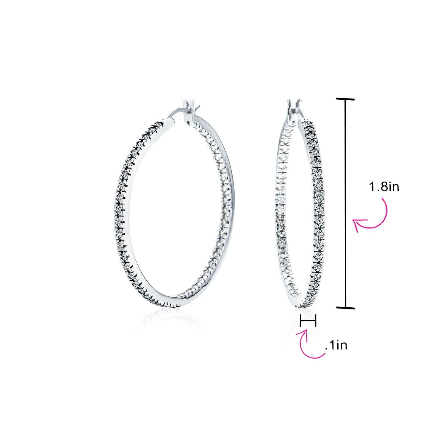 Bridal Pink White Black CZ Hoop Earrings Pave Thin Inside Out 1.75 Inch Silver