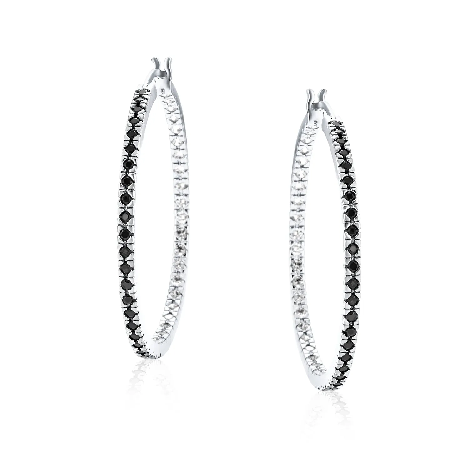 Bridal Pink White Black CZ Hoop Earrings Pave Thin Inside Out 1.75 Inch Silver