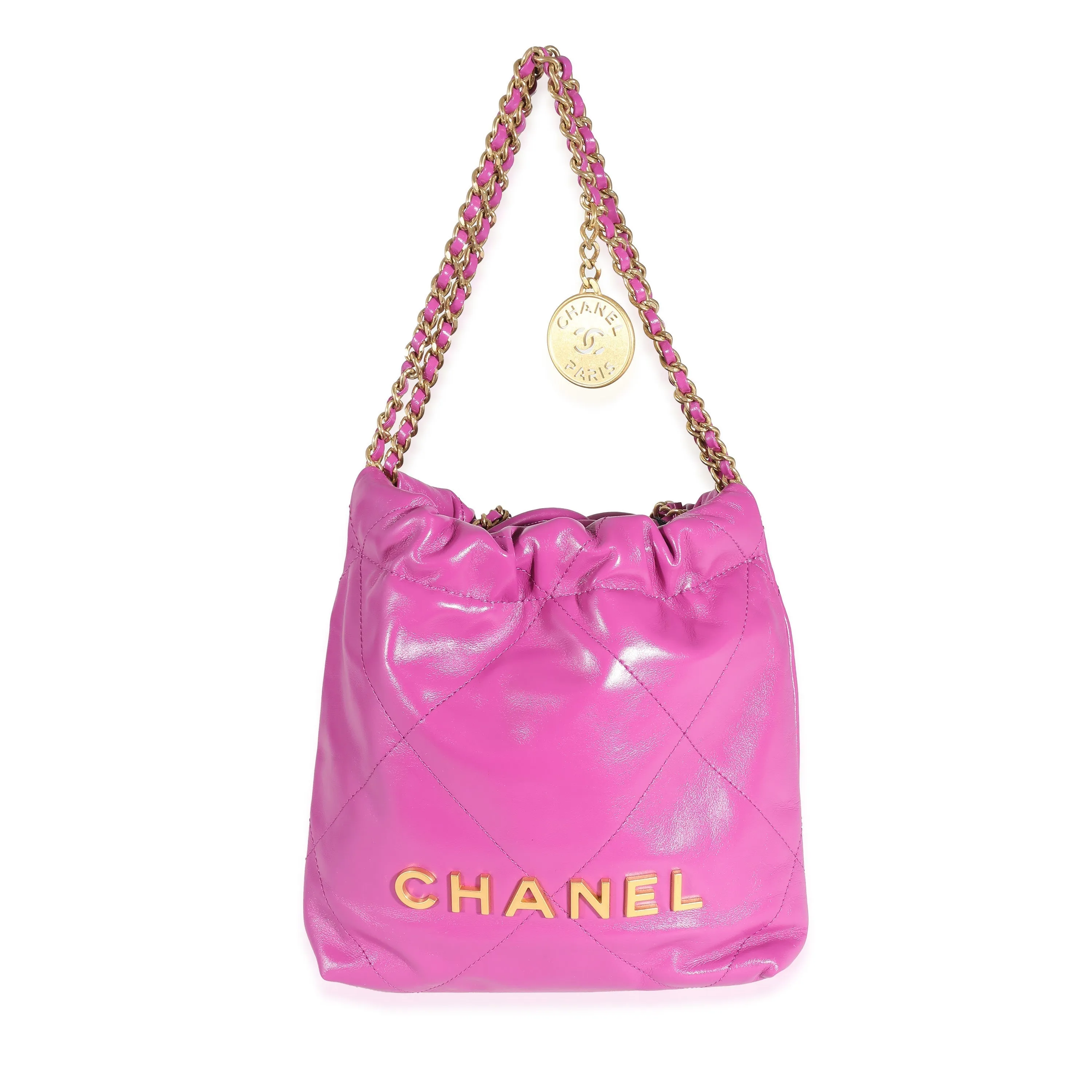 CHANEL Purple Shiny Quilted Calfskin Mini 22 Hobo