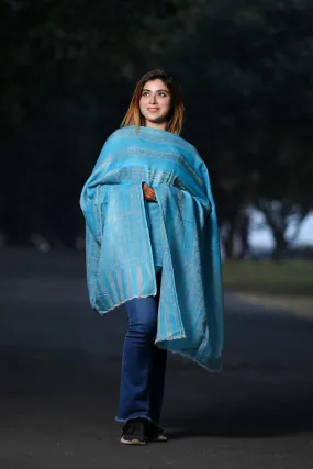 CHARISMATIC FIROZI BLUE COLOUR ZARI KASHMIRI STOLE DEFINES ROYAL AND LUXURIOUS EXTREMELY COMFORTABLE FOR ALL EVENTS