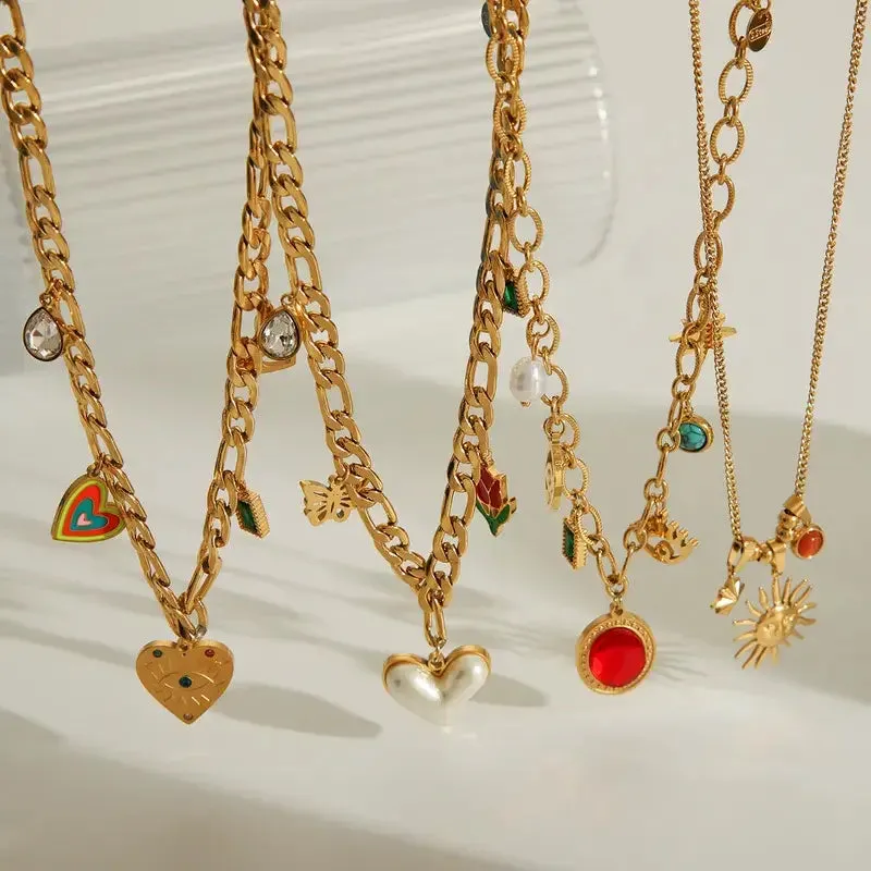 Charm Necklace with Hearts and Color Rhinestones: Sun