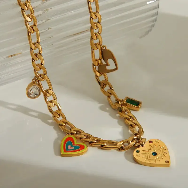 Charm Necklace with Hearts and Color Rhinestones: Sun