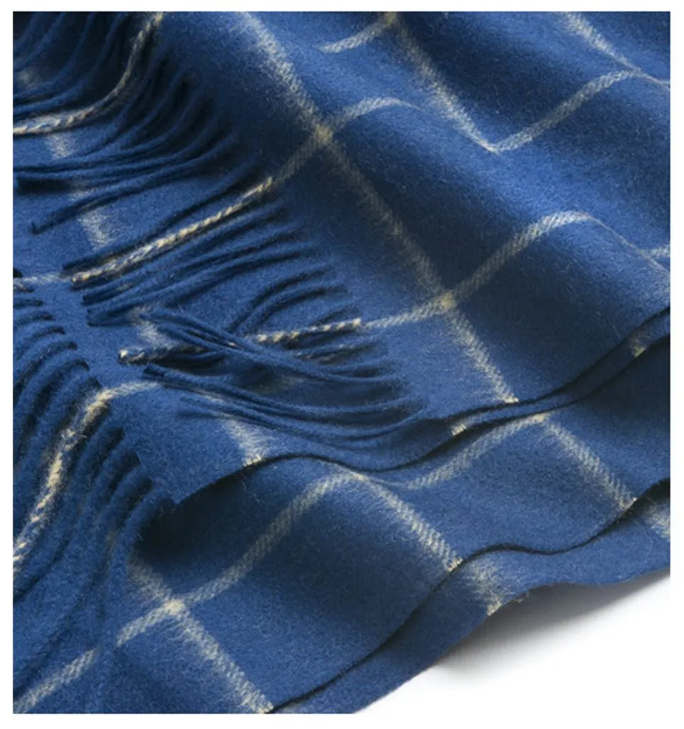 Check Lambswool Scarf Woven Royal Blue Camel