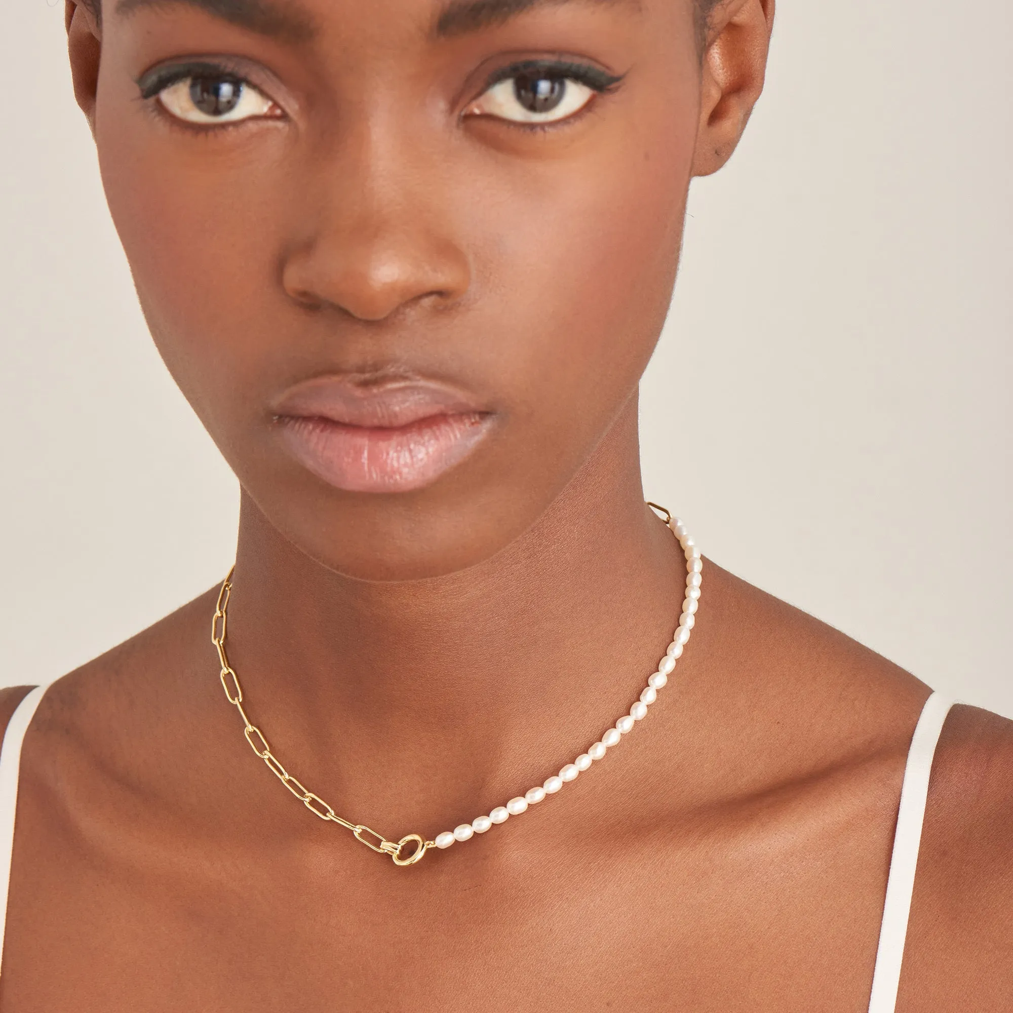 Gold Pearl Chunky Link Chain Necklace