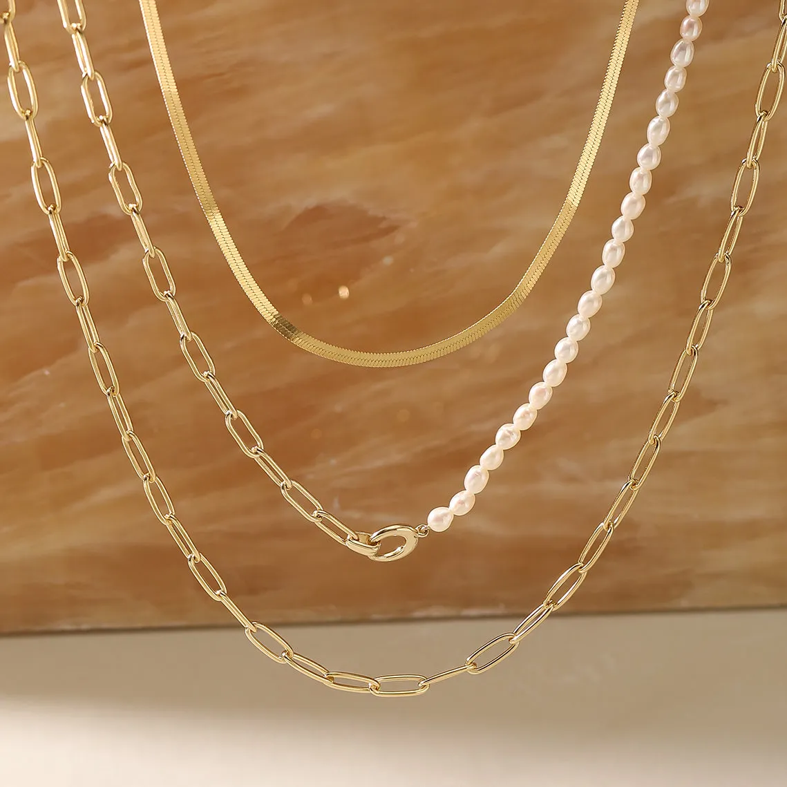 Gold Pearl Chunky Link Chain Necklace