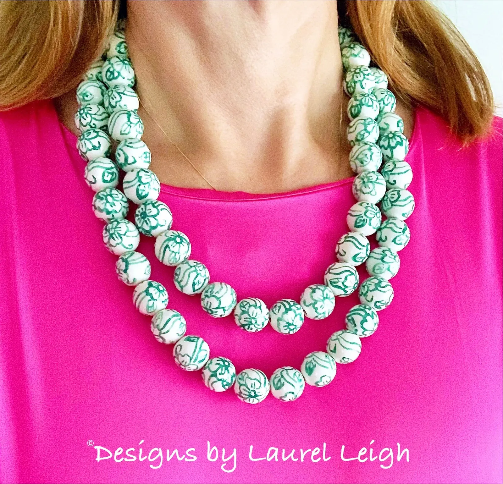 Green & White Chinoiserie Double Strand Necklace