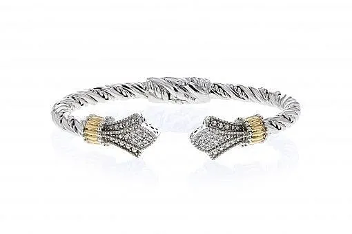 Italian Sterling Silver Bangle Bracelet with 0.29ct diamonds and 14K solid yellow gold accents