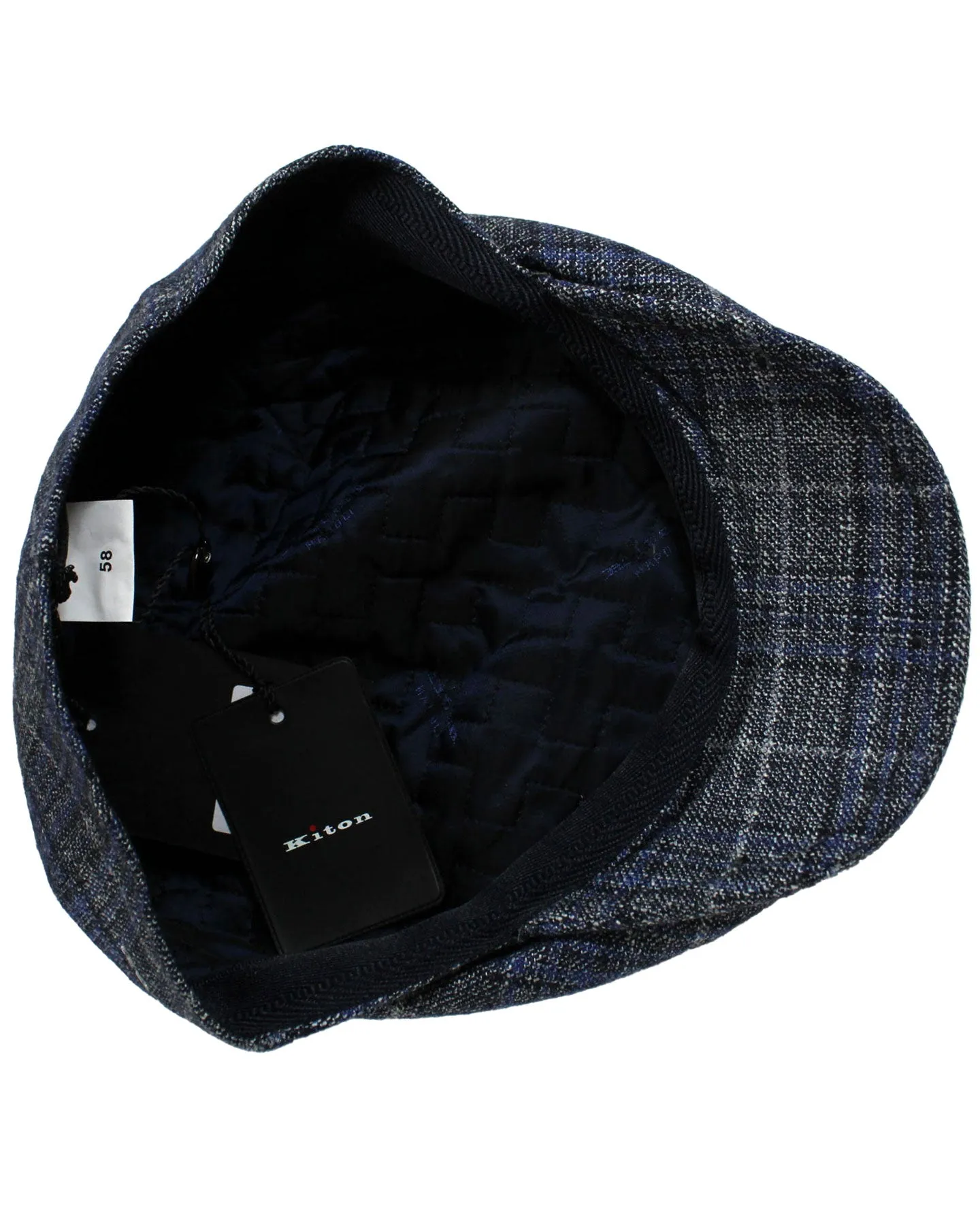 Kiton Flat Cap Cashmere Wool Gray Navy Blue Plaid Form Beret