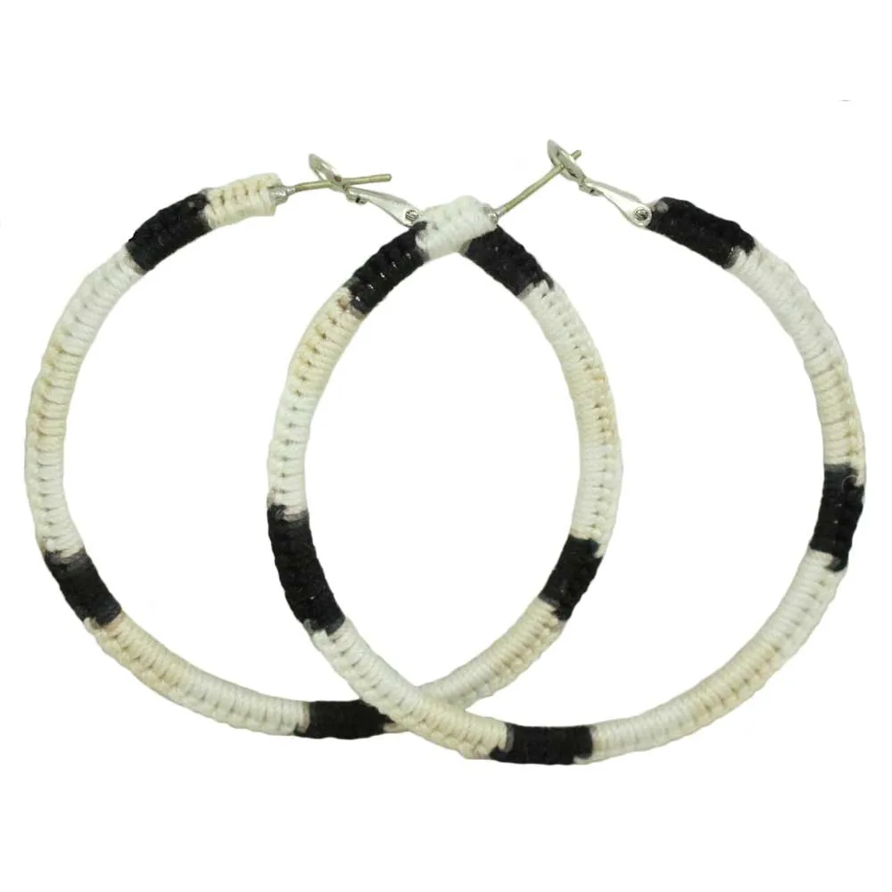 Large Black, White, Tan Crochet Hoop Pierced Earring - STXE18