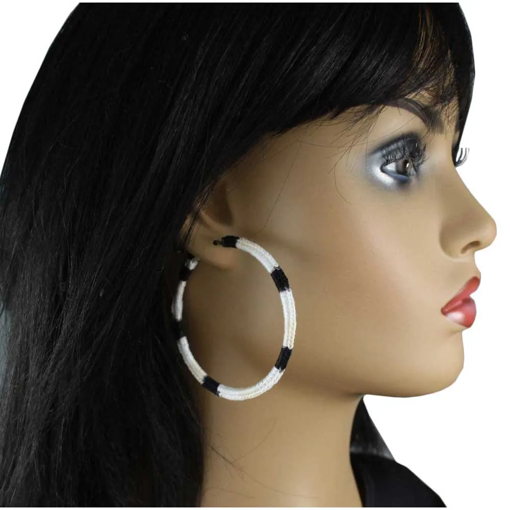 Large Black, White, Tan Crochet Hoop Pierced Earring - STXE18