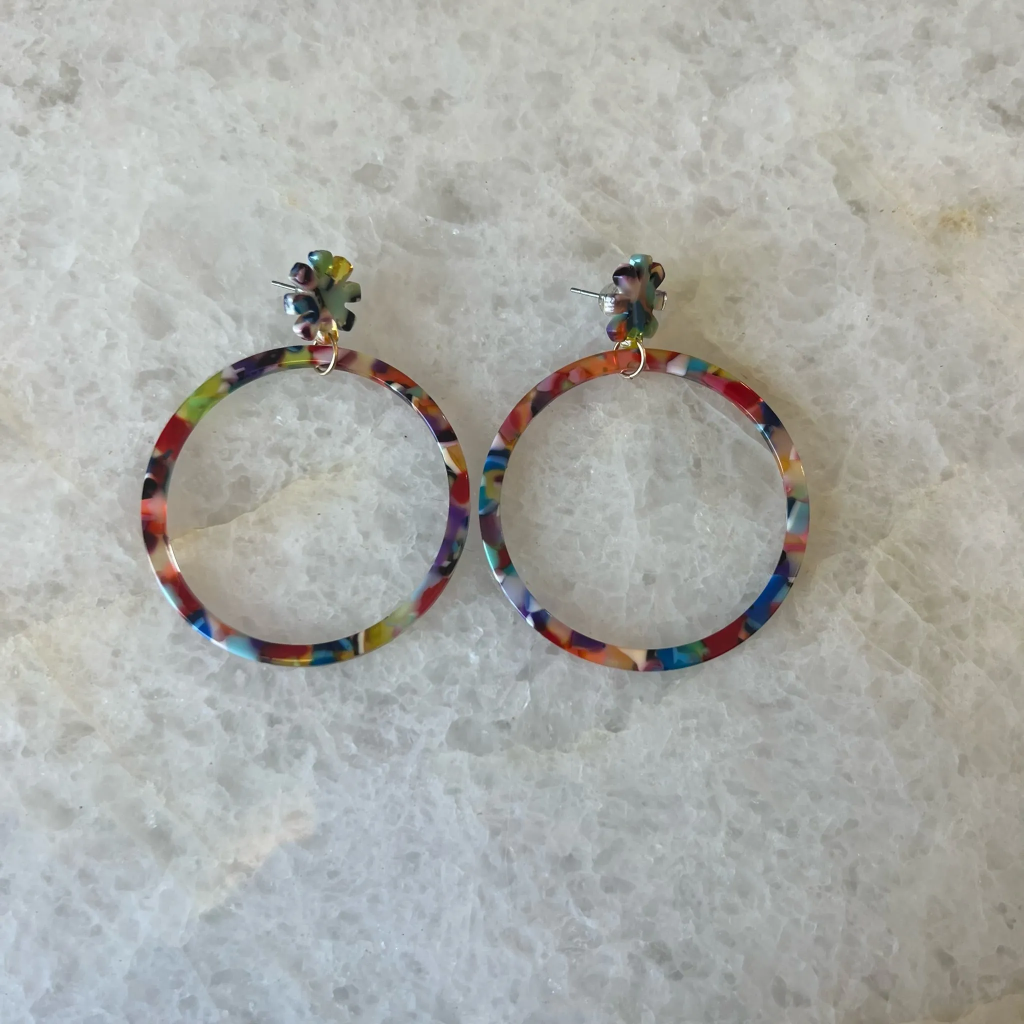 Multi Colored Flower Acrylic Hoop Earrings