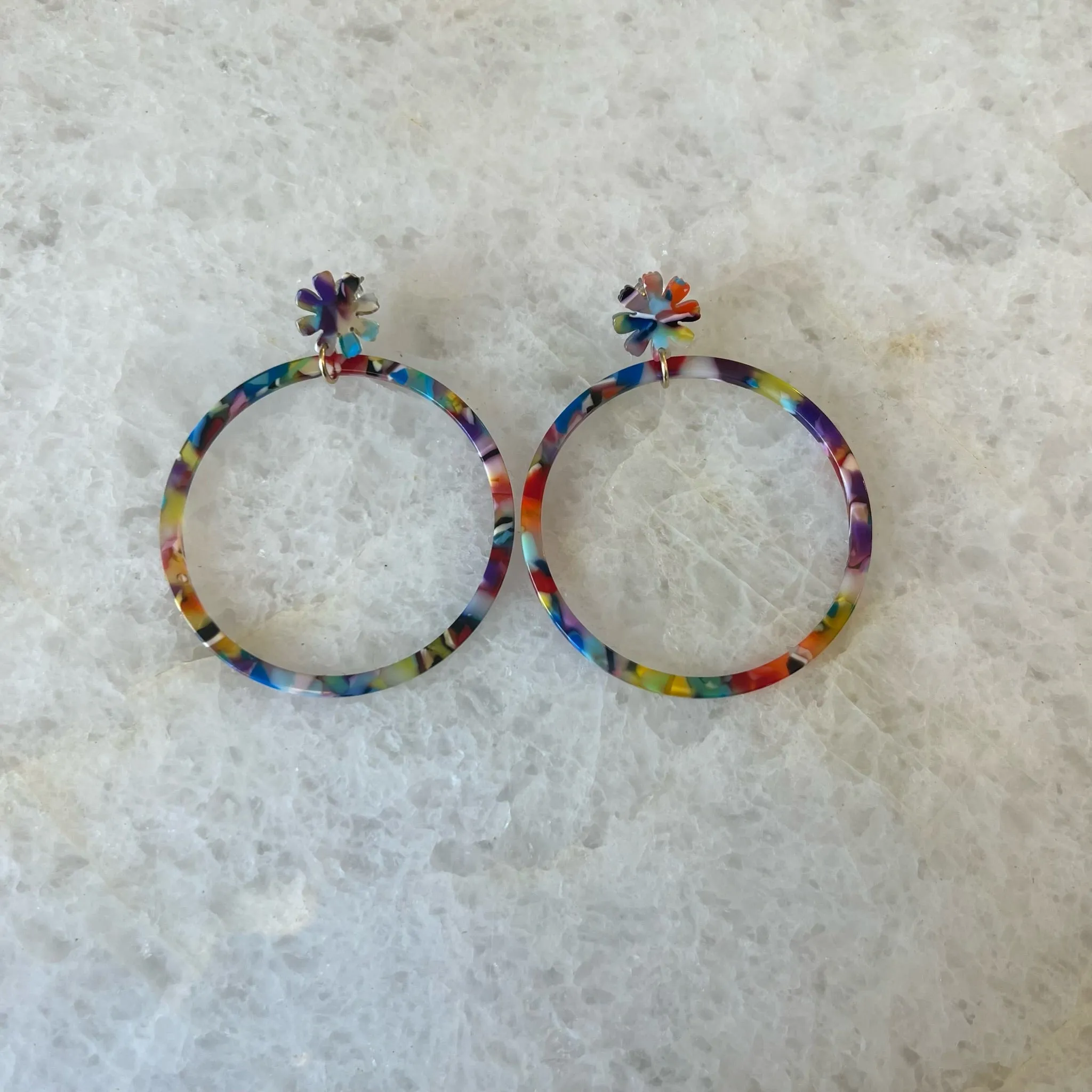 Multi Colored Flower Acrylic Hoop Earrings