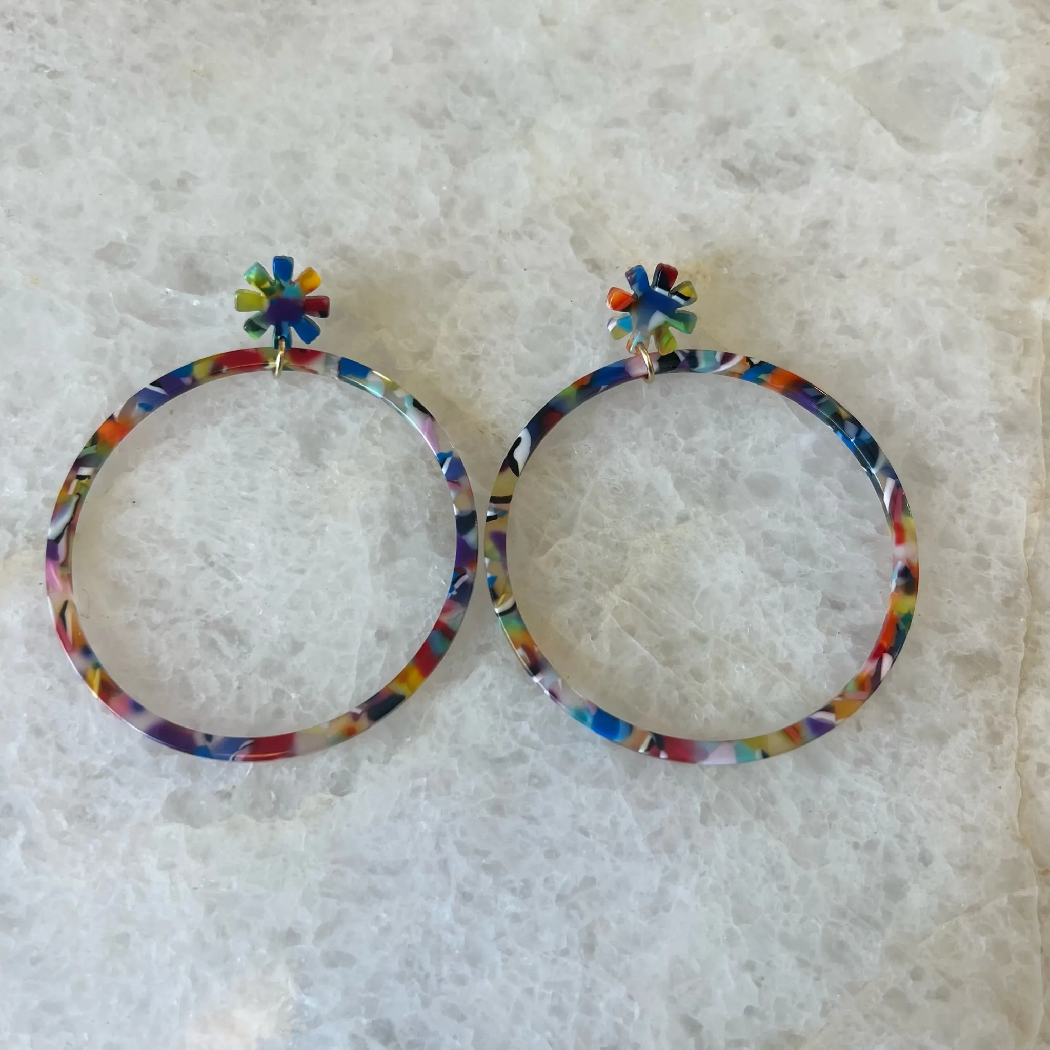 Multi Colored Flower Acrylic Hoop Earrings