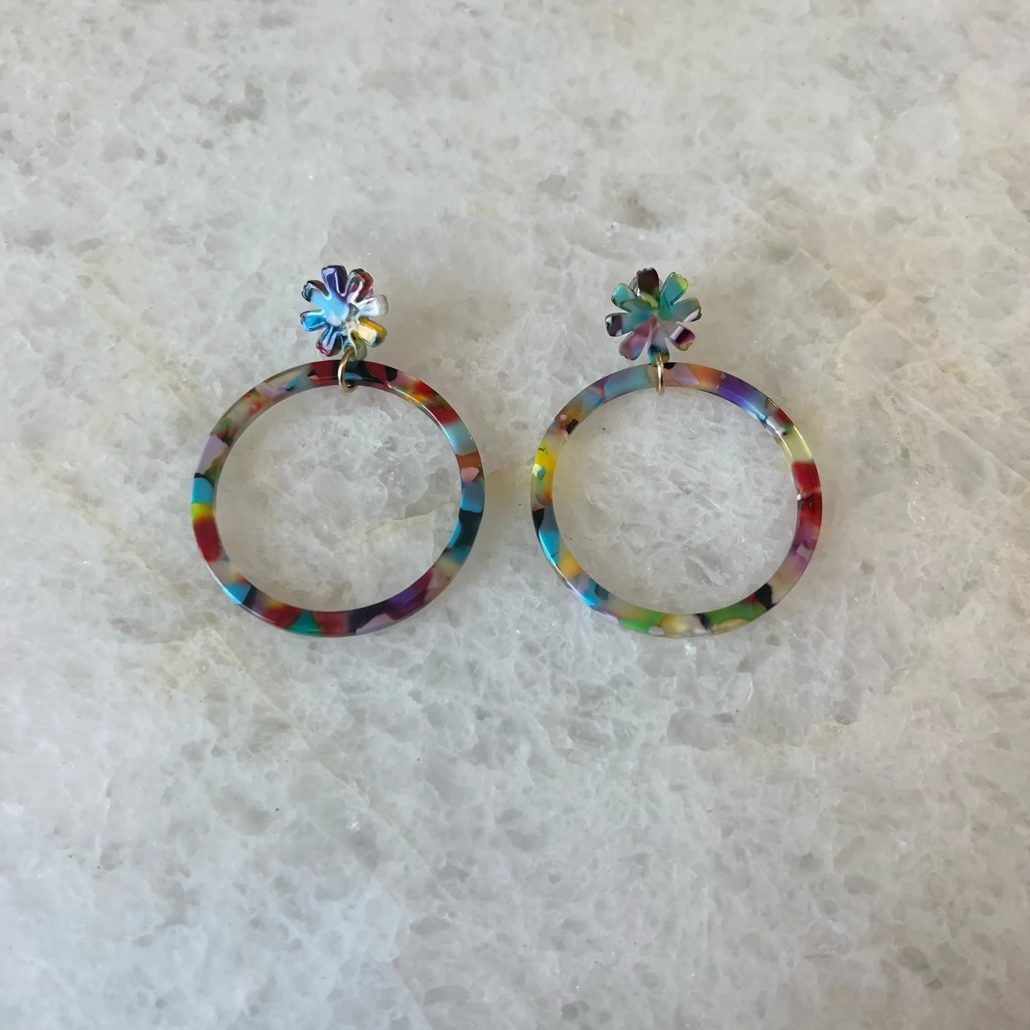 Multi Colored Flower Acrylic Hoop Earrings