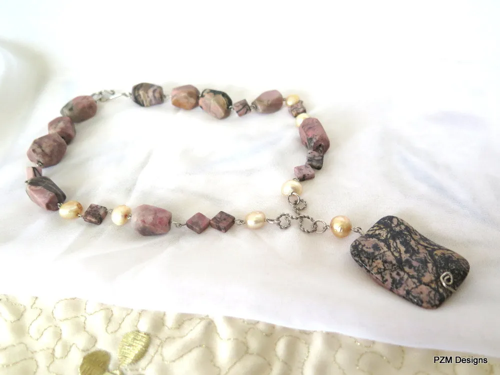 Pink Rhodonite Necklace with Gold Pearls, Gift for Her