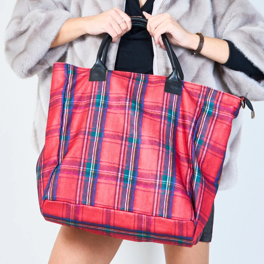 Plaid tote bag with structured handles wholesale