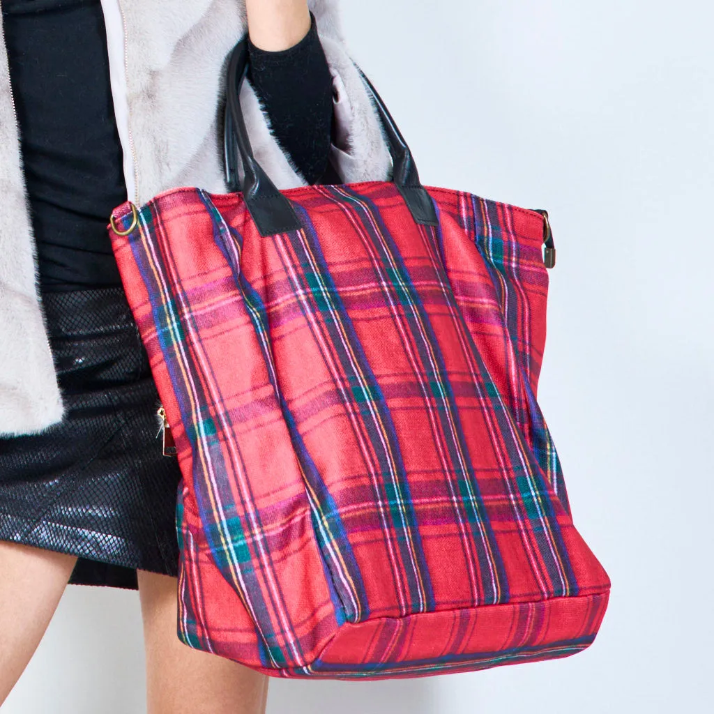 Plaid tote bag with structured handles wholesale