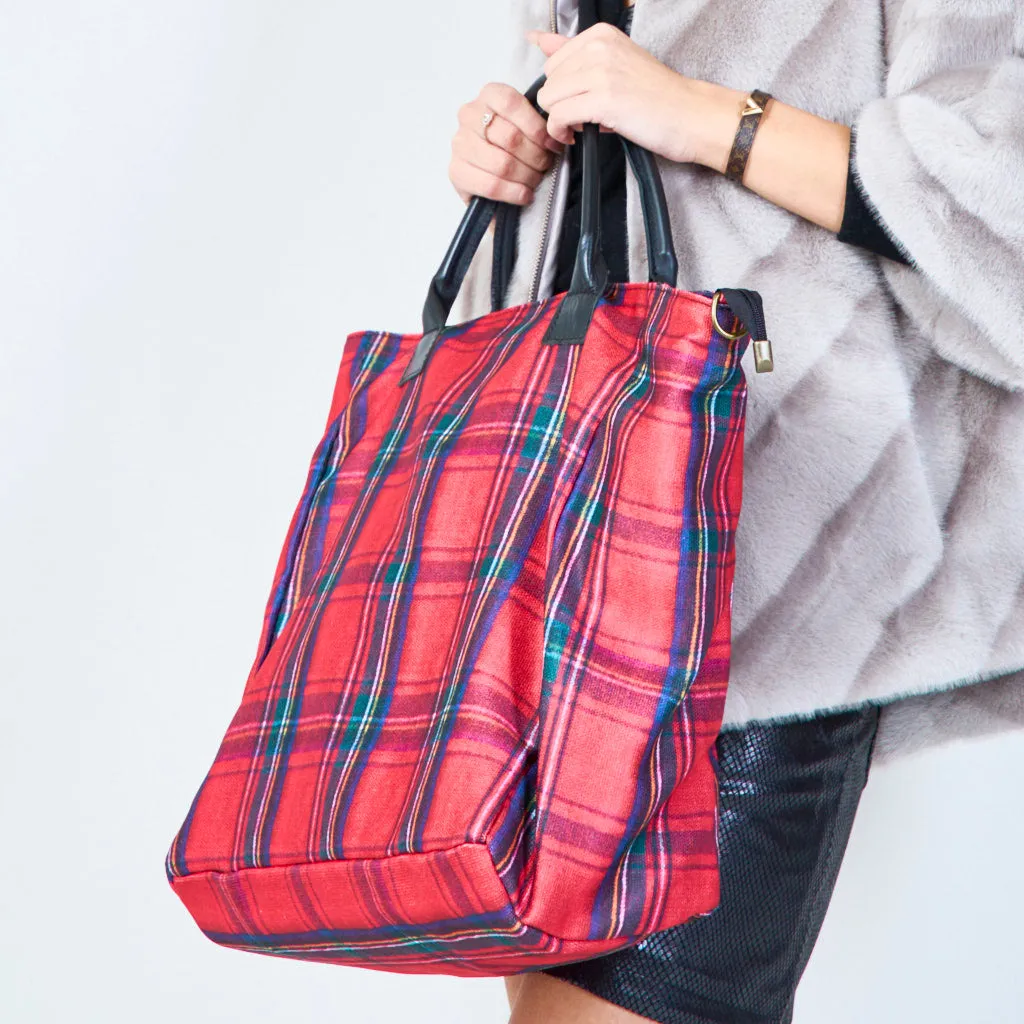 Plaid tote bag with structured handles wholesale