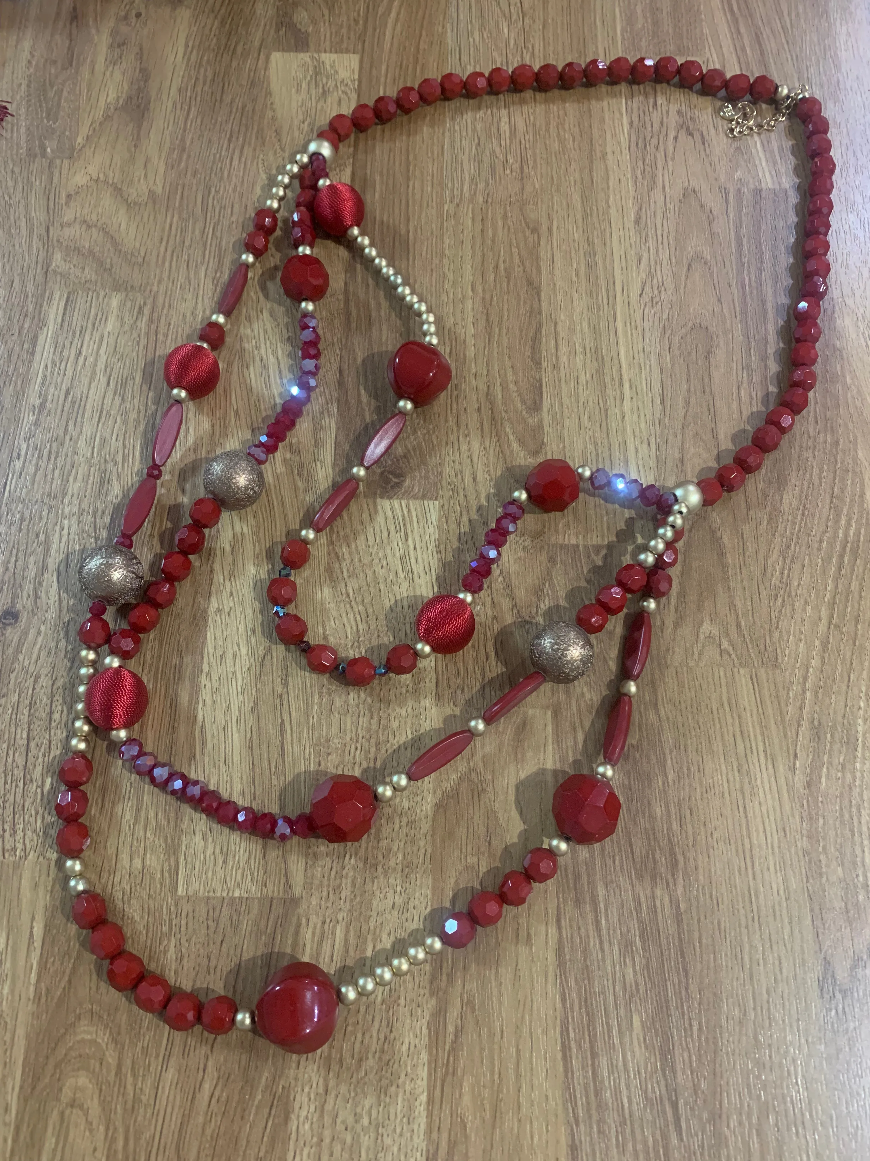 Red Three Layer Beaded Necklace Red