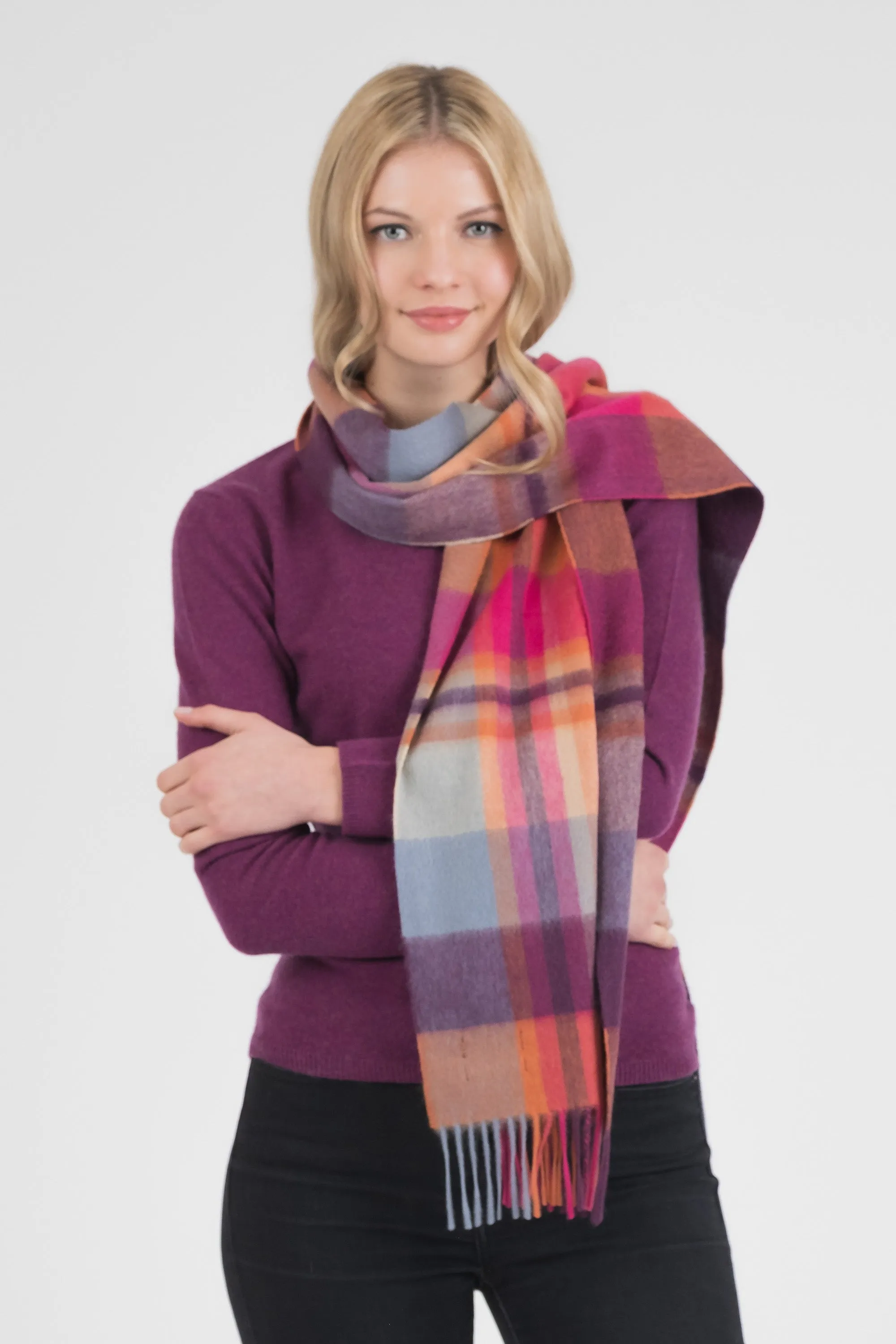 Square Check Cashmere Wide Scarf - Orient Ginger