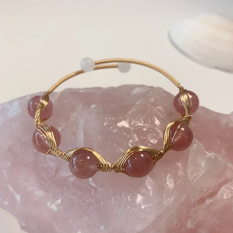 Strawberry Quartz Gold Filled Wire Wrapped Bangle Bracelet 8mm