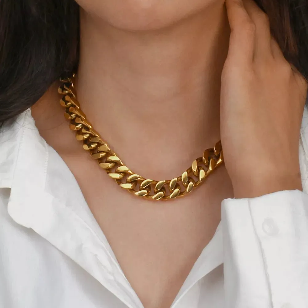 Trendy Stainless Steel 18K Gold-Plated Chunky Cuban Chain Necklaces for Women - Hip-Hop Inspired